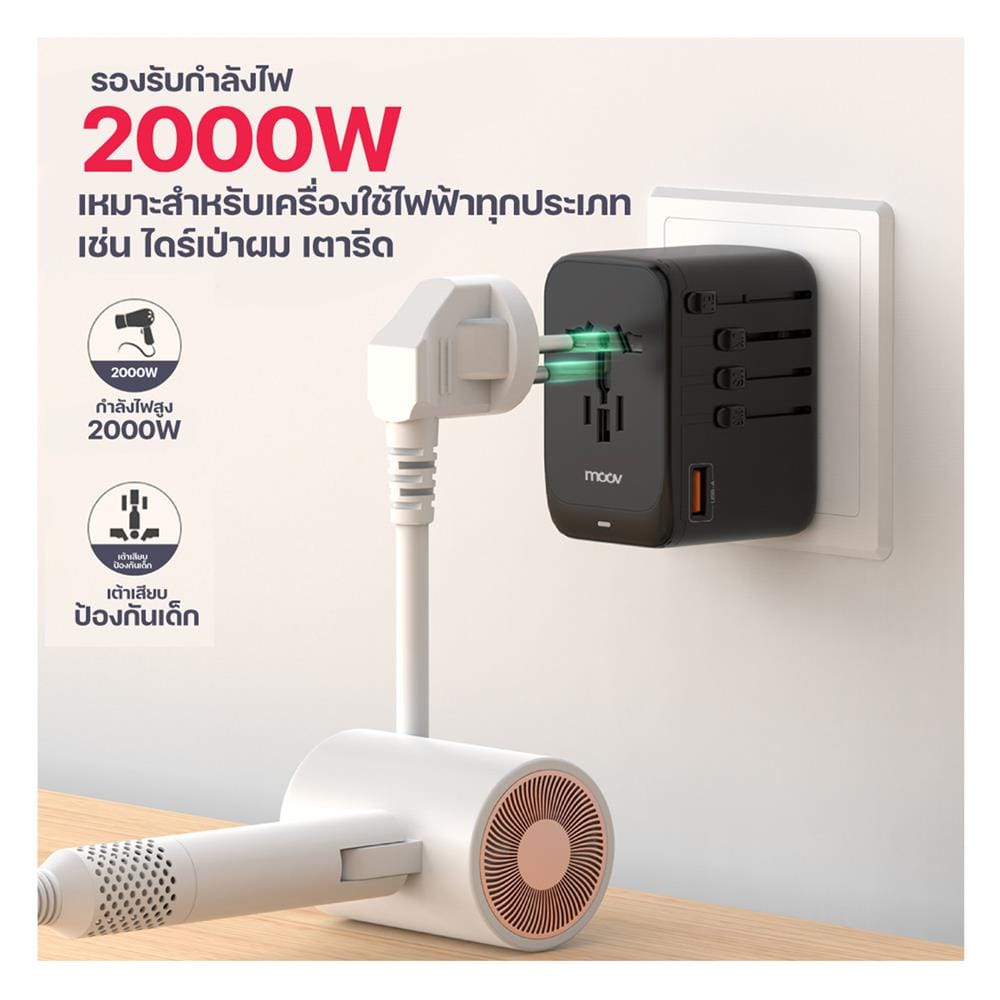 ปลั๊กแปลง 4 IN 1 UNIVERSAL 1 USB 3 TYPE C MOOV TA05 สีดำ