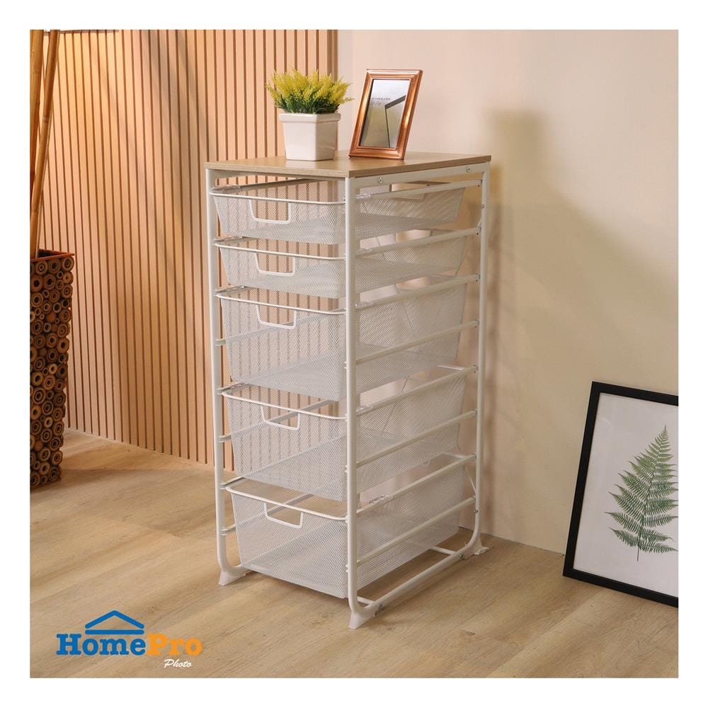 ชั้นลิ้นชัก 5 ชั้น พร้อม TOP ไม้ STACKO FLEXI 35.6x51.4x90 ซม. สีขาว