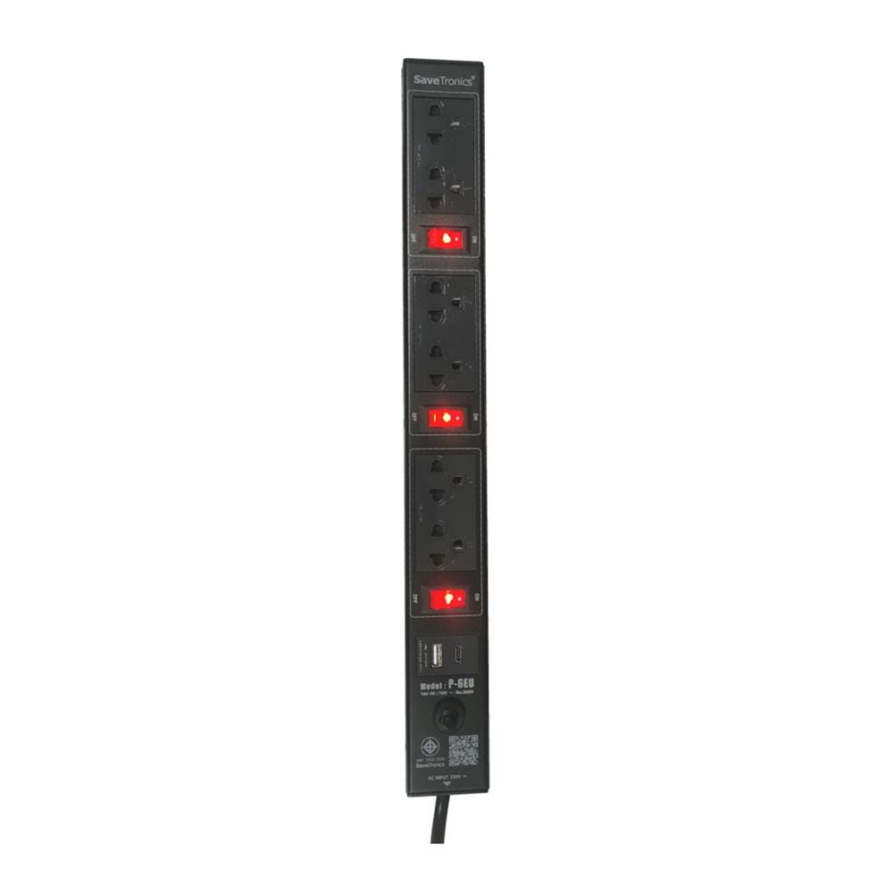 ปลั๊กไฟกันกระชาก 6 ช่อง 3 สวิตช์ SAVE TRONICS P-6EU-TIS 3 เมตร