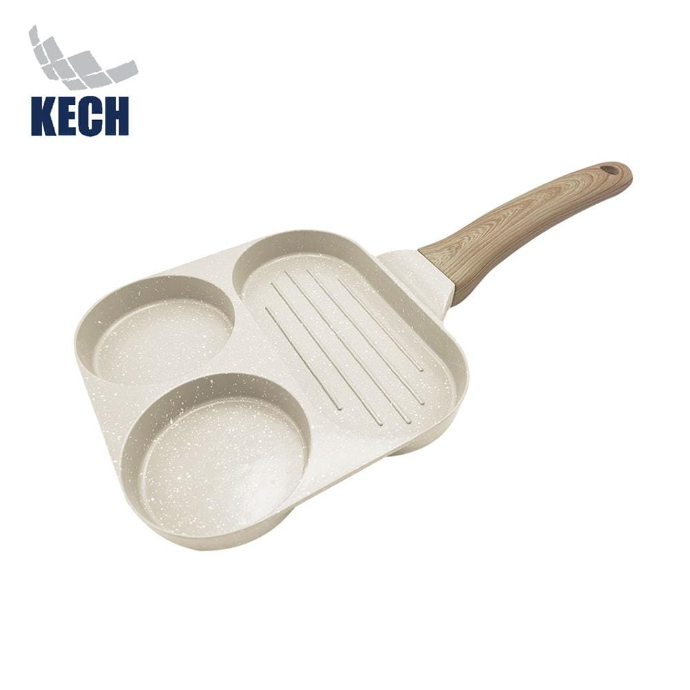 กระทะ 3 ช่อง ด้ามไม้ 18 ซม. CERAMIC KECH สีครีม IH_1