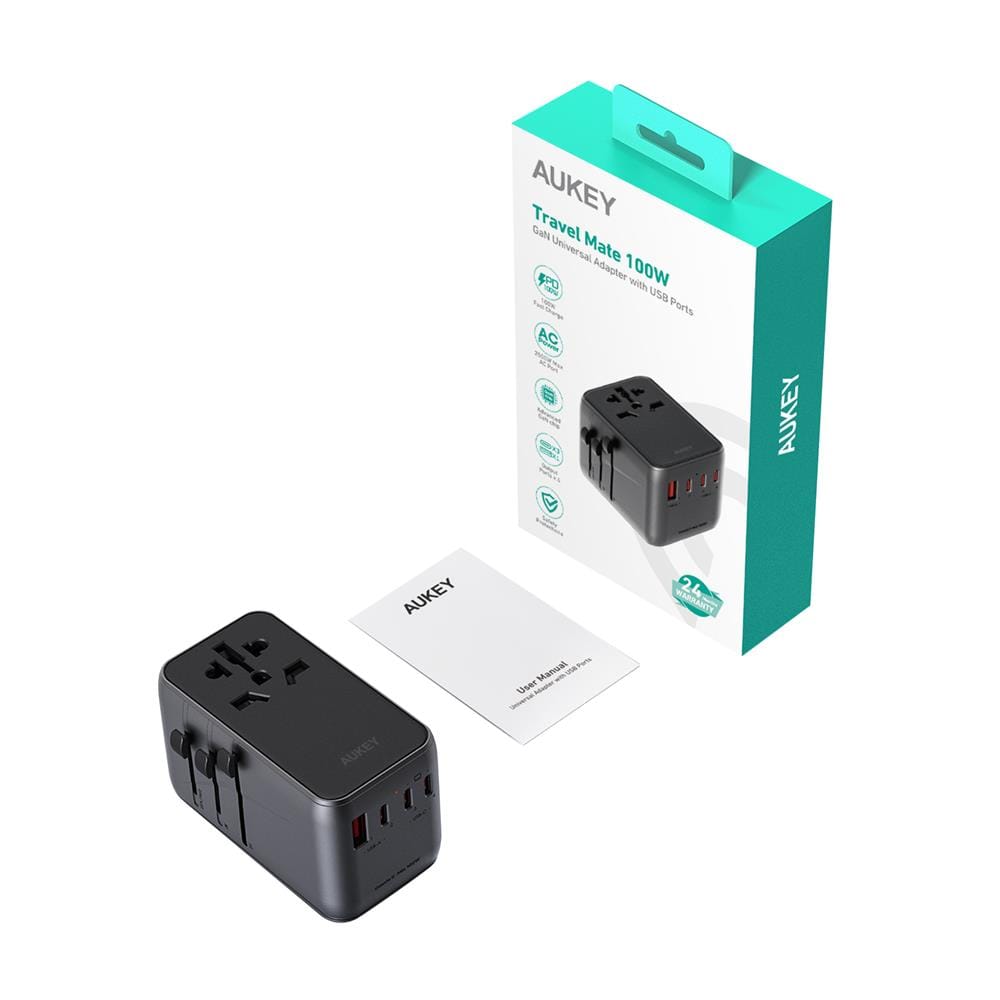 ปลั๊กแปลง 4 IN 1 UNIVERSAL 1 USB A 3 TYPE C AUKEY PA-TA09 100 วัตต์ สีเทา