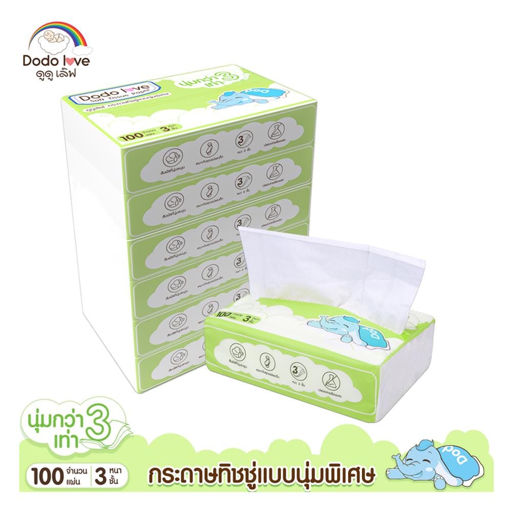 กระดาษเช็ดหน้า DODOLOVE 100 แผ่น (แพ็ก 6 ชิ้น)