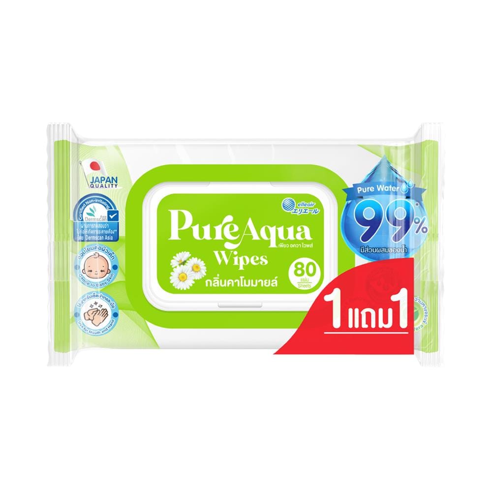 ผ้าเช็ดทำความสะอาด ELLEAIR PURE AQUA 80 แผ่น กลิ่นคาโมมายล์ แพ็กคู่
