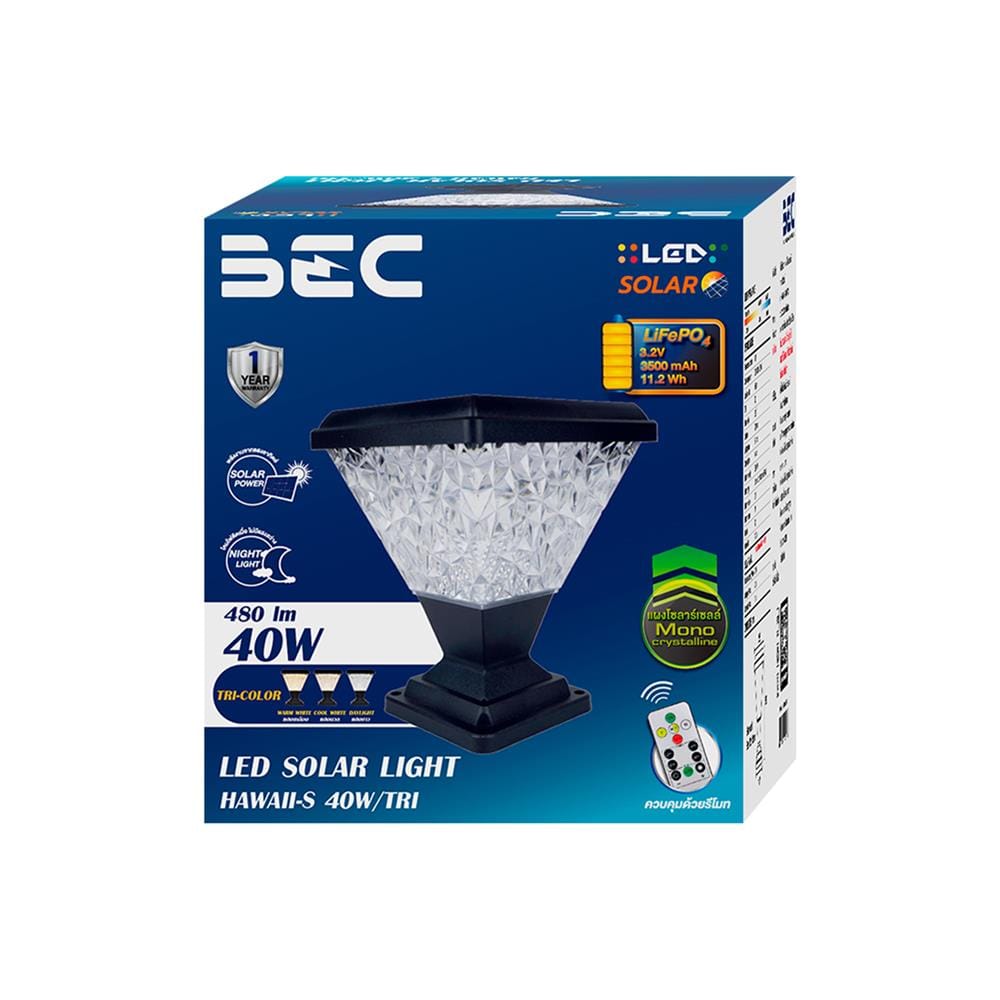 ไฟหัวเสา SOLAR BEC HAWAII-S 40 วัตต์ DAYLIGHT/COOL WHITE/WARM WHITE สีดำ