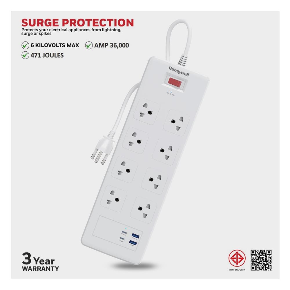 ปลั๊กป้องกันไฟกระชาก 8 ช่อง 2 USB 2 PD HONEYWELL