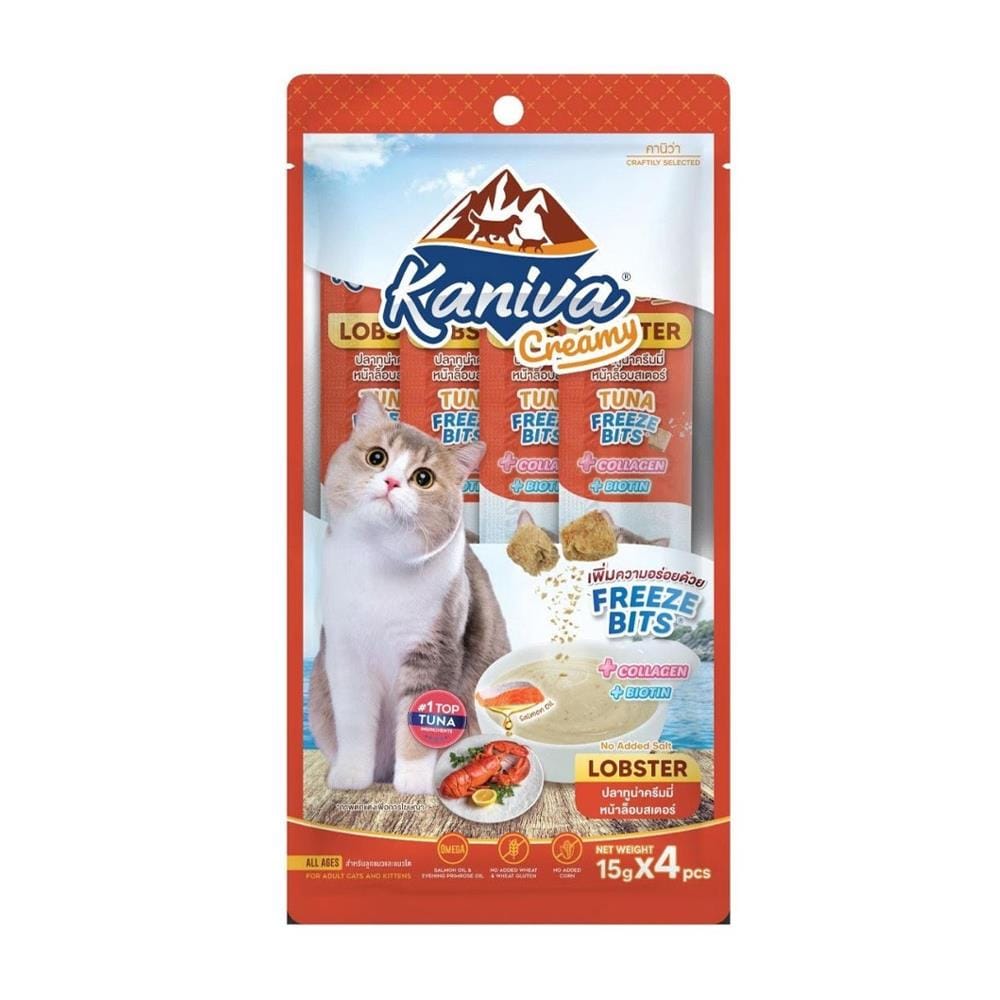 ขนมแมวเลีย KANIVA CREAMY ปลาทูน่าครีมมี่หน้าล็อบสเตอร์ 15 ก. (แพ็ก 4 ซอง)