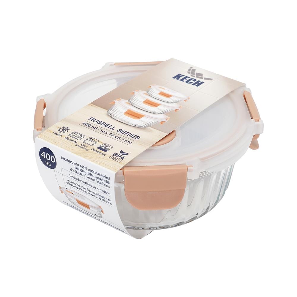 กล่องอาหารแก้วกลม KECH RUSSELL 0.4 ลิตร สีพีช