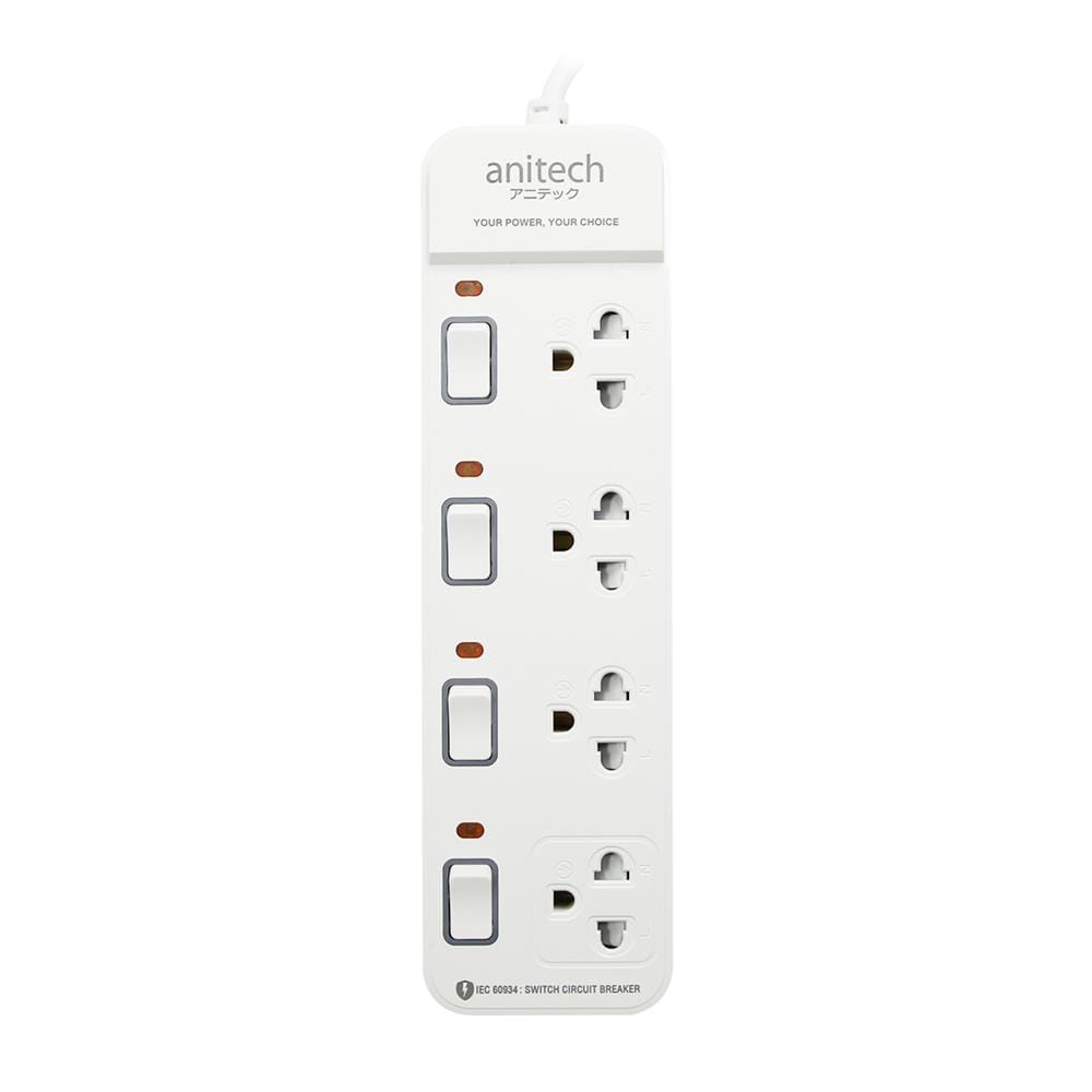 รางปลั๊กไฟ 4 ช่อง 4 สวิตช์ ANITECH H2145-WH 5 ม. สีขาว