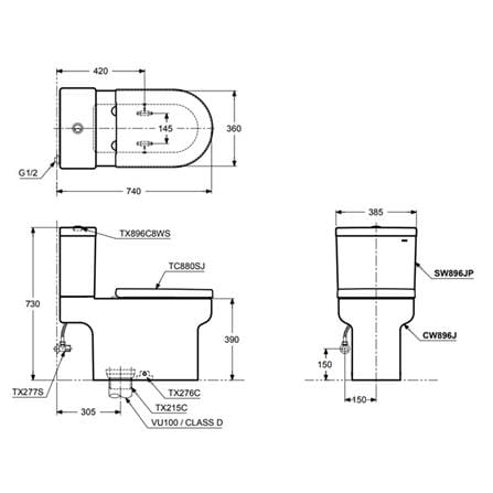 สุขภัณฑ์ 2 ชิ้น TOTO CST896 3/4.5 ลิตร สีขาว_1