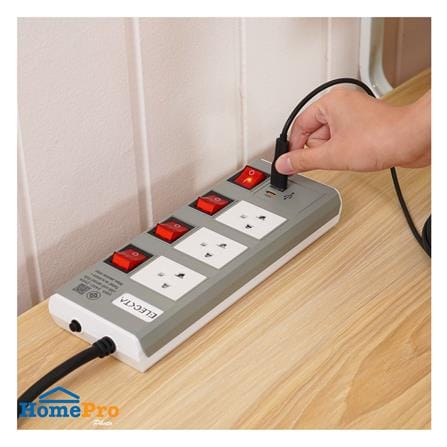 รางปลั๊กไฟ 3 ช่อง 4 สวิตช์ 1 USB-A 1 TYPE-C ELECKTA ETDU4264GY 16 แอมป์ 3 ม. สีเทา_3