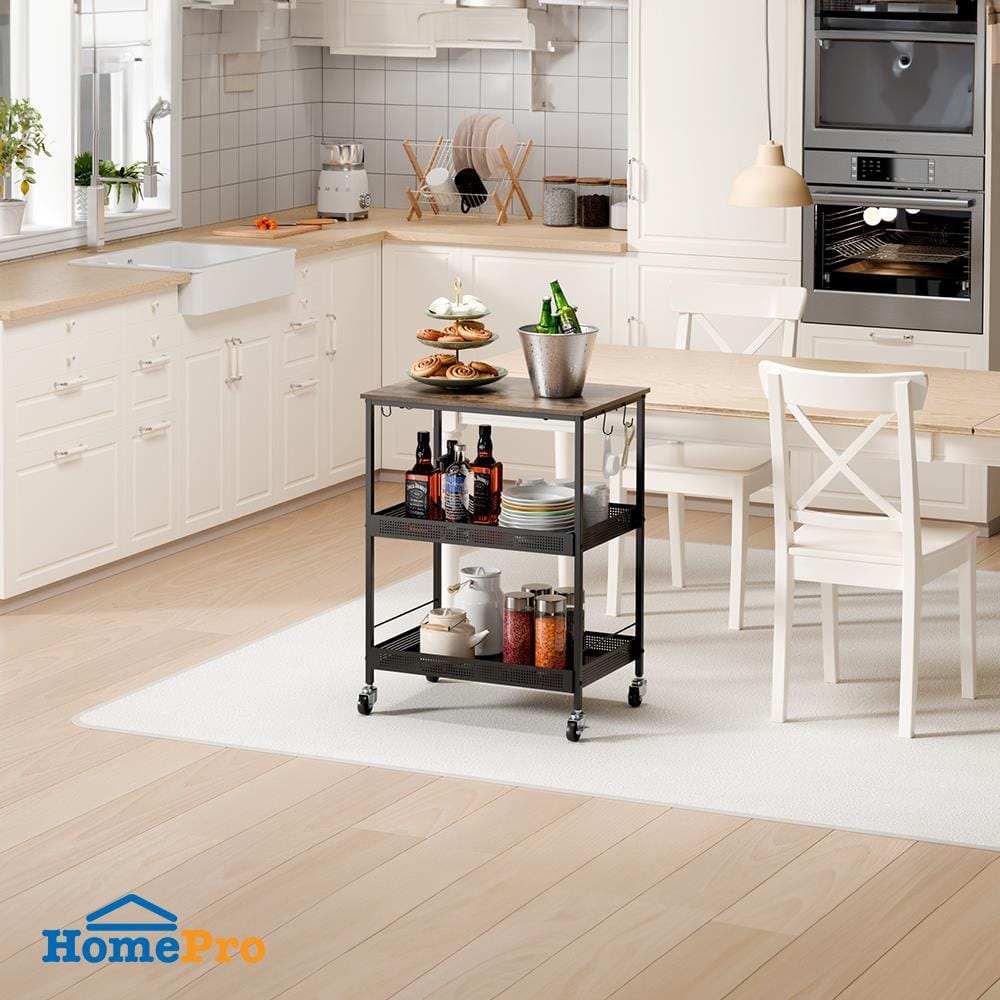 ชั้นวางของเหล็ก 3 ชั้น พร้อม TOP ไม้ มีล้อ STACKO RUSTIC 60x40x81.2 ซม. สีดำ