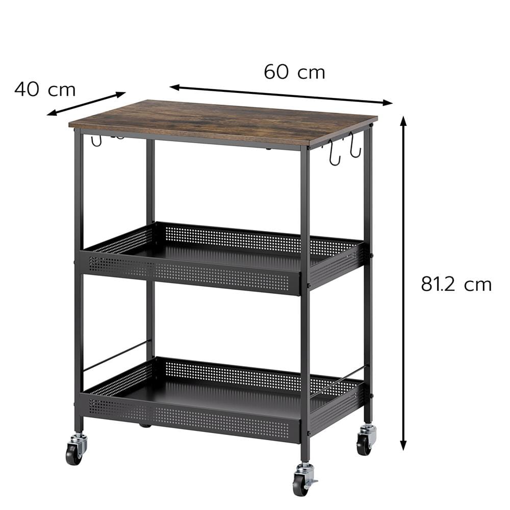 ชั้นวางของเหล็ก 3 ชั้น พร้อม TOP ไม้ มีล้อ STACKO RUSTIC 60x40x81.2 ซม. สีดำ