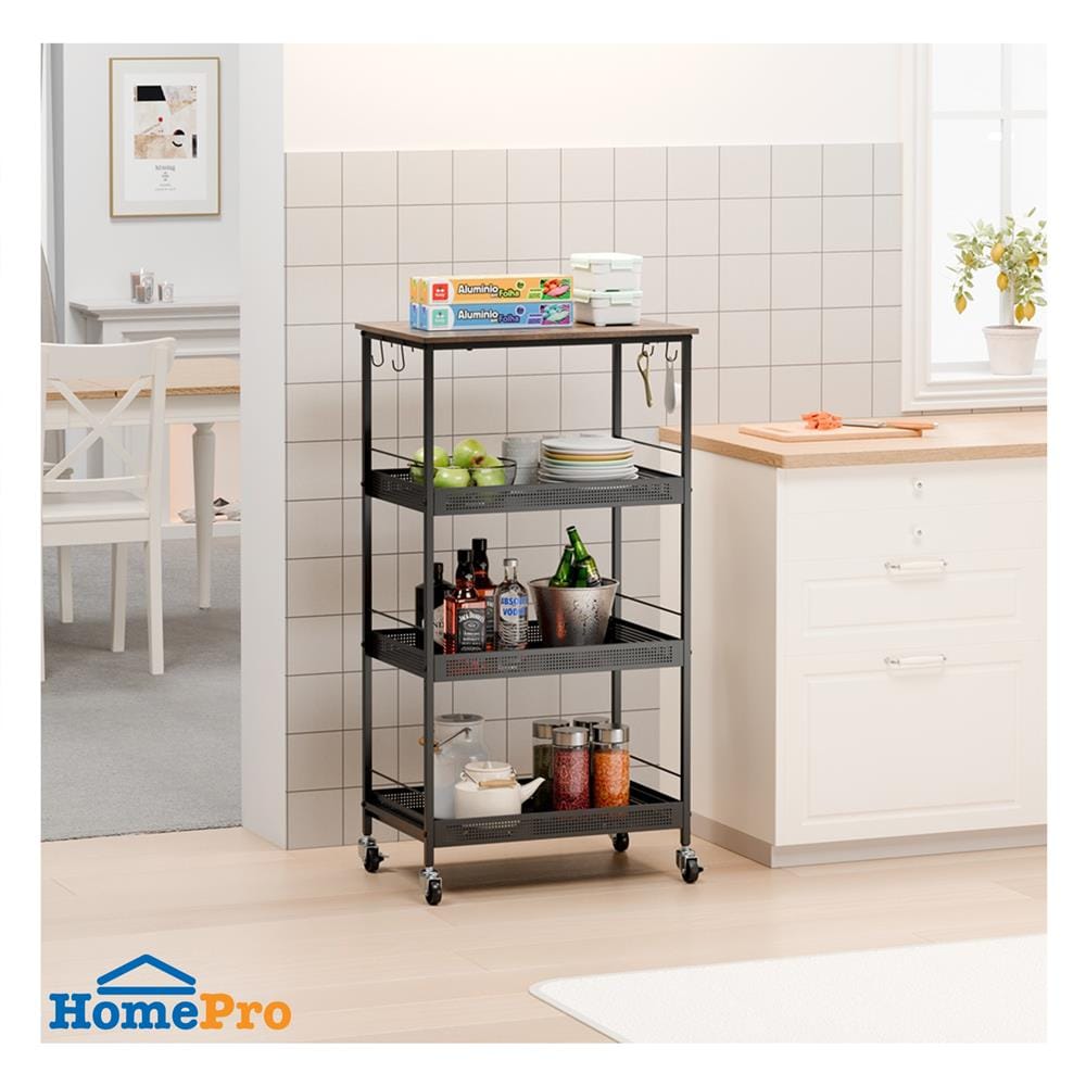 ชั้นวางของเหล็ก 4 ชั้น พร้อม TOP ไม้ มีล้อ STACKO RUSTIC 60x40x115 ซม. สีดำ