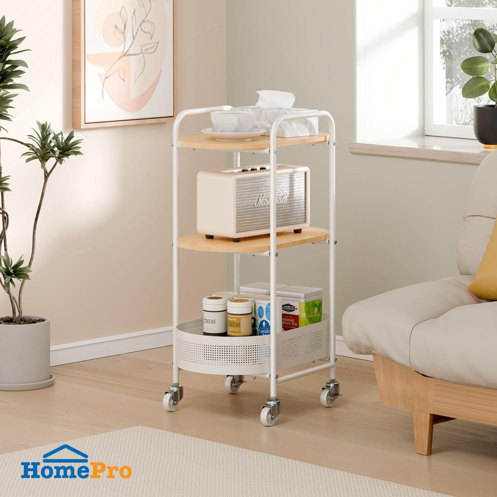 ชั้นวางของ 3 ชั้น พร้อม TOP ไม้ มีล้อ STACKO BOWA 49.5x32.6x80 ซม. สีขาว