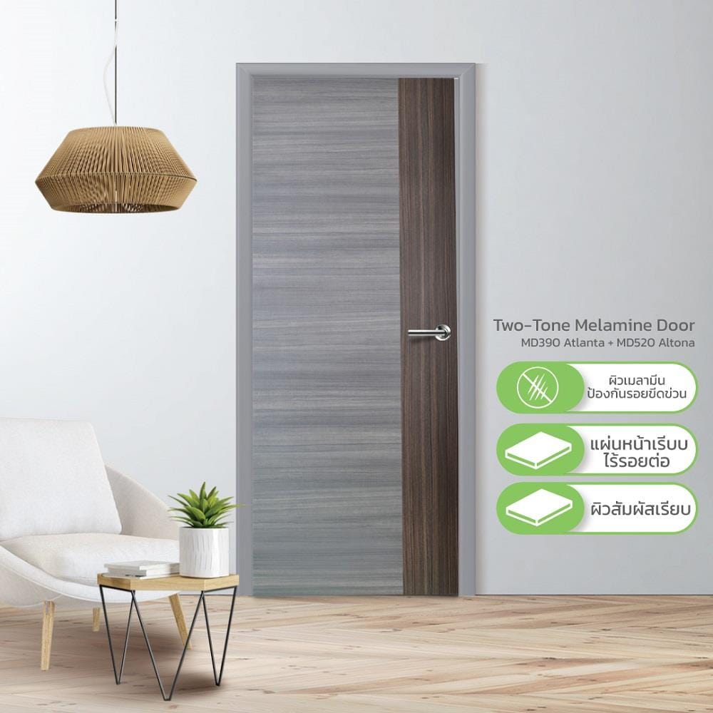 ประตูภายในเมลามีน ไม่เจาะลูกบิด METRO MD390 ATLANTA+MD520 ALTONA 70x200 ซม. สีเทา-โอ๊ค
