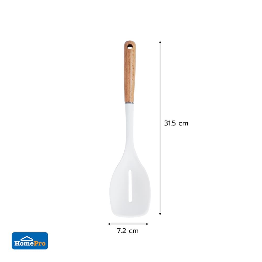 ตะหลิวมีร่องอเนกประสงค์ซิลิโคน ด้ามไม้ KECH ZC-MGK6 สีขาว/น้ำตาล