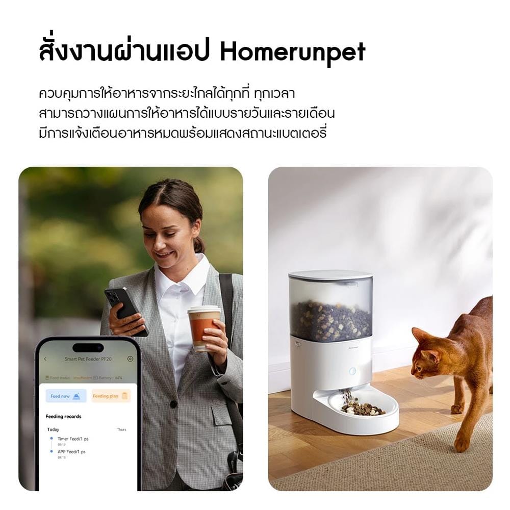 เครื่องให้อาหารสัตว์เลี้ยงอัตโนมัติ HOMERUNPET PF20 สีขาว