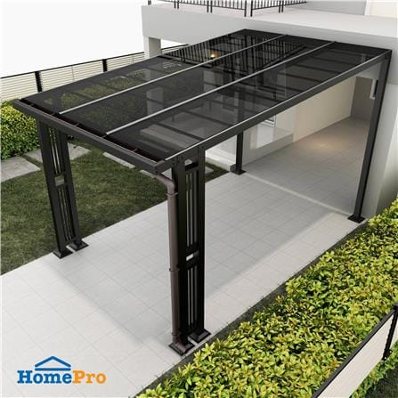 โรงจอดรถสำเร็จรูป หลังคาโพลีคาร์บอเนตแบบตัน มีรางน้ำฝน เสาตกแต่ง SUNSHIELD 3x5 เมตร สีเทา