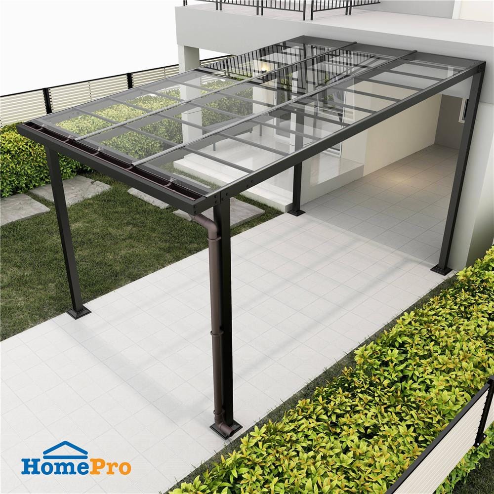 โรงจอดรถสำเร็จรูป หลังคาโพลีคาร์บอเนตแบบตัน มีรางน้ำฝน เสาธรรมดา SUNSHIELD 3x5 เมตร สีใส