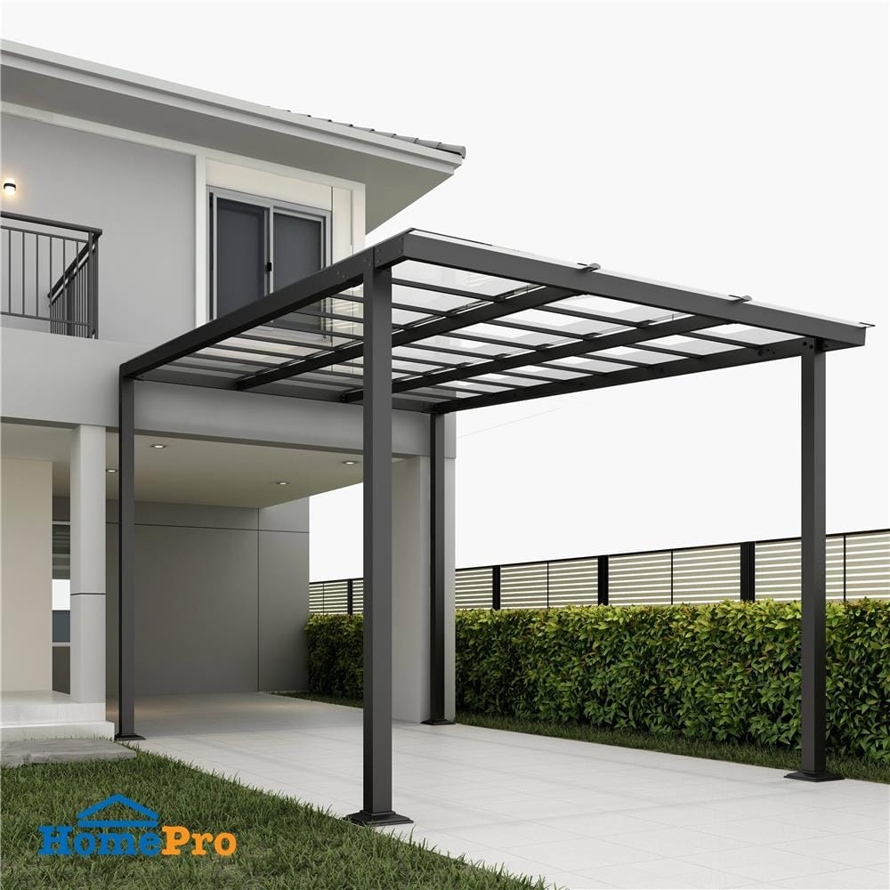 โรงจอดรถสำเร็จรูป หลังคาโพลีคาร์บอเนตแบบตัน ไม่มีรางน้ำฝน เสาธรรมดา SUNSHIELD 3x5 เมตร สีใส