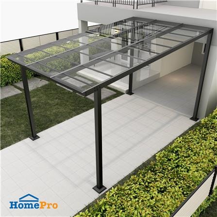 โรงจอดรถสำเร็จรูป หลังคาโพลีคาร์บอเนตแบบตัน ไม่มีรางน้ำฝน เสาธรรมดา SUNSHIELD 3x5 เมตร สีใส