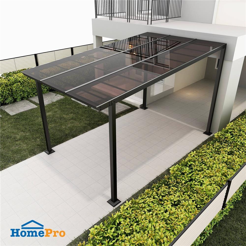 โรงจอดรถสำเร็จรูป หลังคาโพลีคาร์บอเนตแบบตัน ไม่มีรางน้ำฝน เสาธรรมดา SUNSHIELD 3x5 เมตร สีน้ำตาล