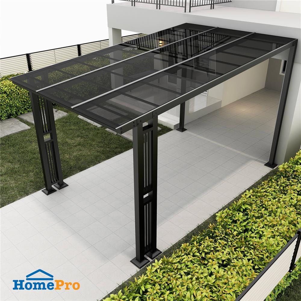 โรงจอดรถสำเร็จรูป หลังคาโพลีคาร์บอเนตแบบตัน ไม่มีรางน้ำฝน เสาตกแต่ง SUNSHIELD 3x5 เมตร สีเทา