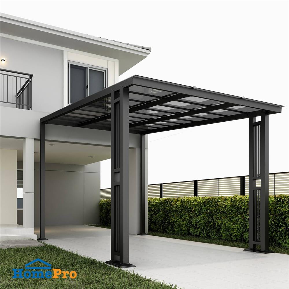 โรงจอดรถสำเร็จรูป หลังคาโพลีคาร์บอเนตแบบตัน ไม่มีรางน้ำฝน เสาตกแต่ง SUNSHIELD 3x5 เมตร สีเทา
