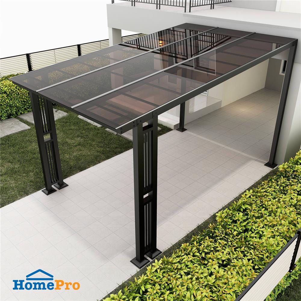 โรงจอดรถสำเร็จรูป หลังคาโพลีคาร์บอเนตแบบตัน ไม่มีรางน้ำฝน เสาตกแต่ง SUNSHIELD 3x5 เมตร สีน้ำตาล