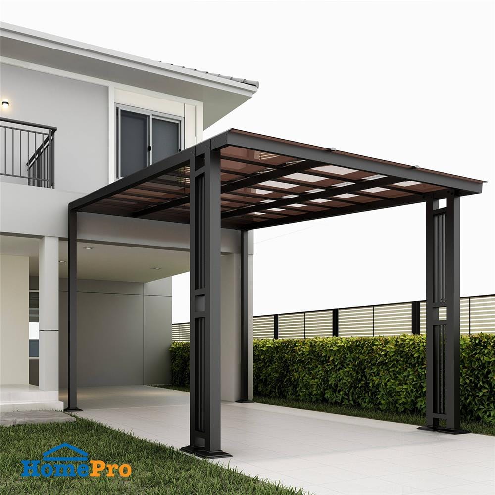 โรงจอดรถสำเร็จรูป หลังคาโพลีคาร์บอเนตแบบตัน ไม่มีรางน้ำฝน เสาตกแต่ง SUNSHIELD 3x5 เมตร สีน้ำตาล