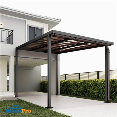 โรงจอดรถสำเร็จรูป หลังคาโพลีคาร์บอเนตแบบตัน มีรางน้ำฝน เสาธรรมดา SUNSHIELD 3x5 เมตร สีน้ำตาล_4