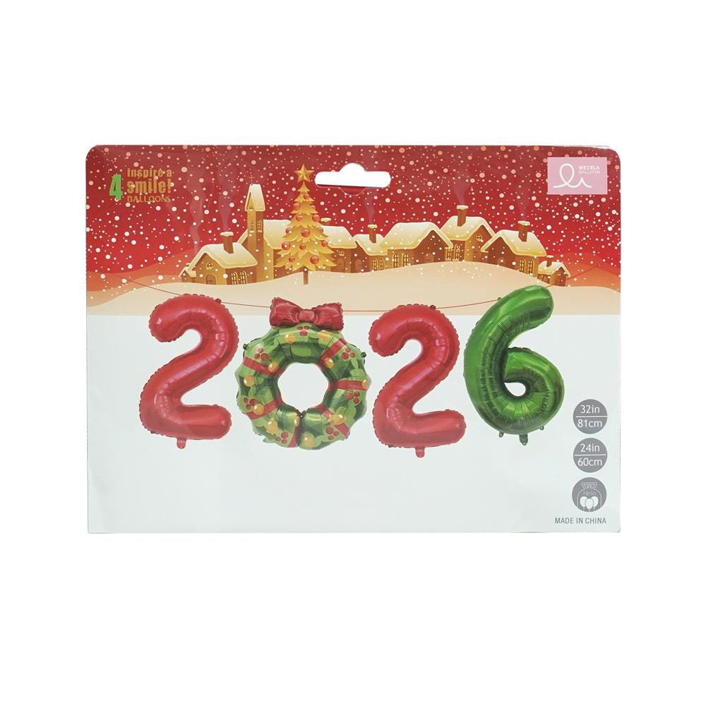 ลูกโป่งฟอยล์ตัวเลข 2026 SNAZZ 32 นิ้ว สีเขียว-แดง