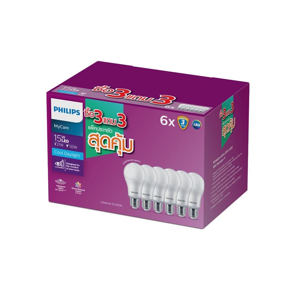 หลอด LED PHILIPS A60 15 วัตต์ DAYLIGHT E27 (แพ็ก 6 ชิ้น)