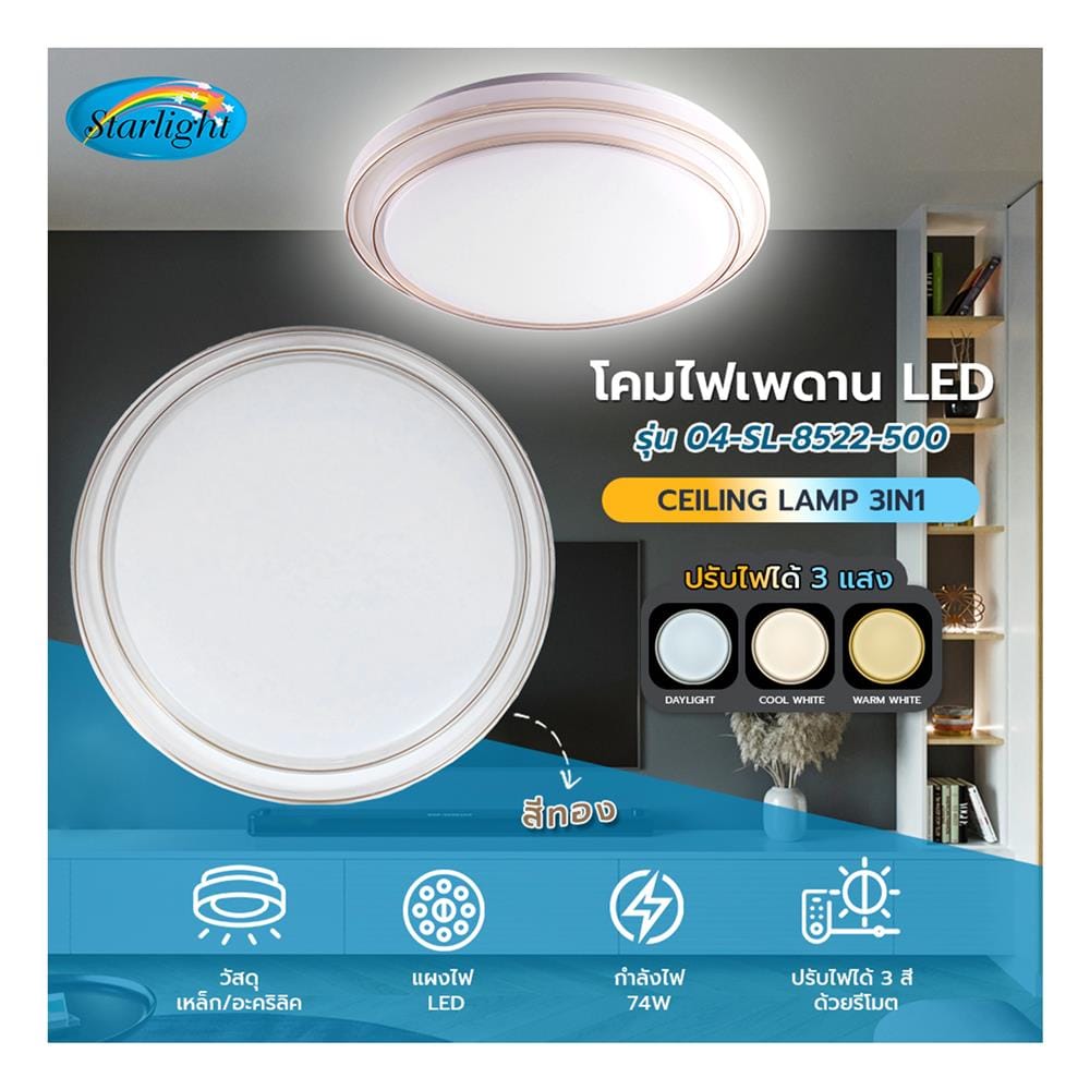 ไฟเพดาน LED STARLIGHT 04-SL-8522-500 74 วัตต์ DAYLIGHT/COOL WHITE/WARMWHITE 19 นิ้ว สีขาว/ทอง