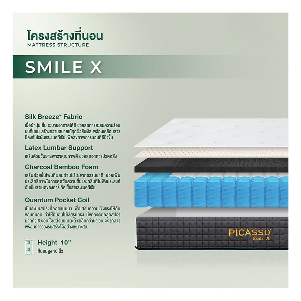 ที่นอนพ็อกเก็ตสปริง 6 ฟุต สุญญากาศ PICASSO รุ่น SMILE X พร้อมโซฟา COZY สีน้ำตาล 1 ตัว