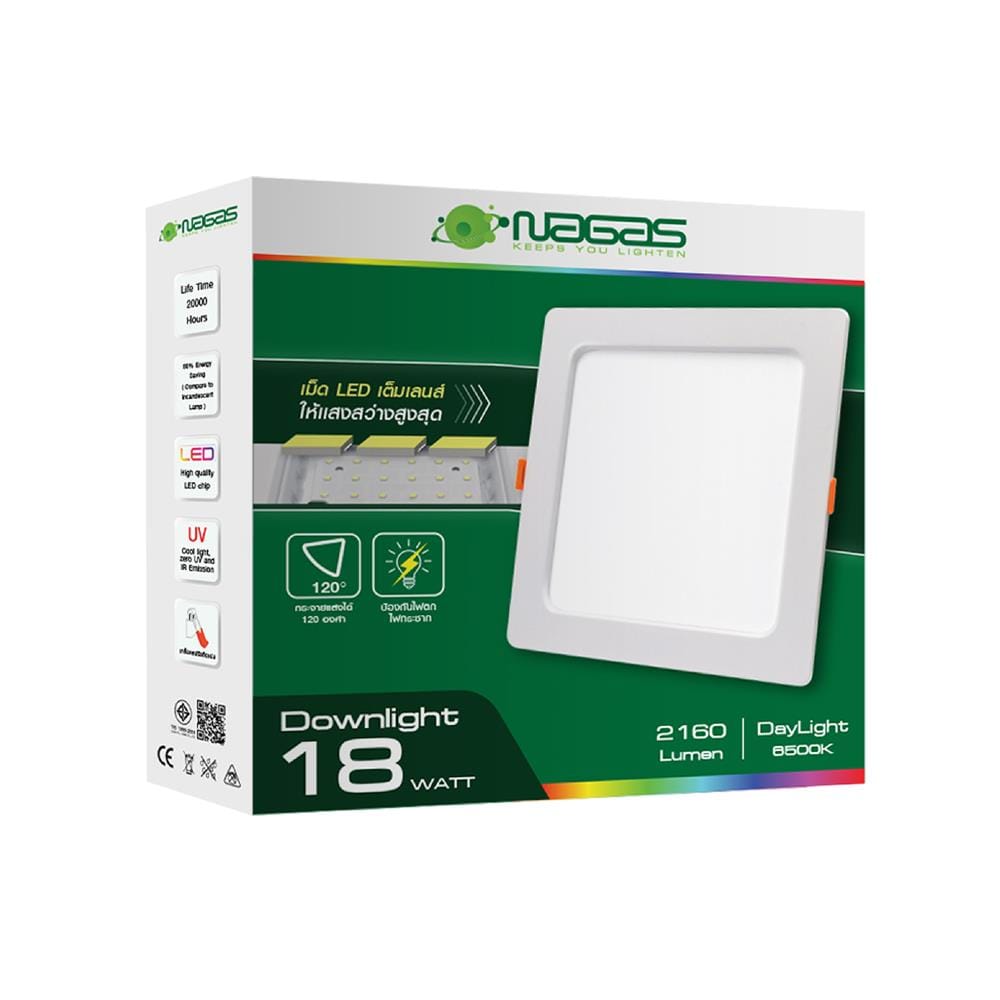 ดาวน์ไลท์ LED NAGAS DL-S 18 วัตต์ เดย์ไลท์ อะลูมิเนียม/พลาสติก สีขาว 6 นิ้ว เหลี่ยม