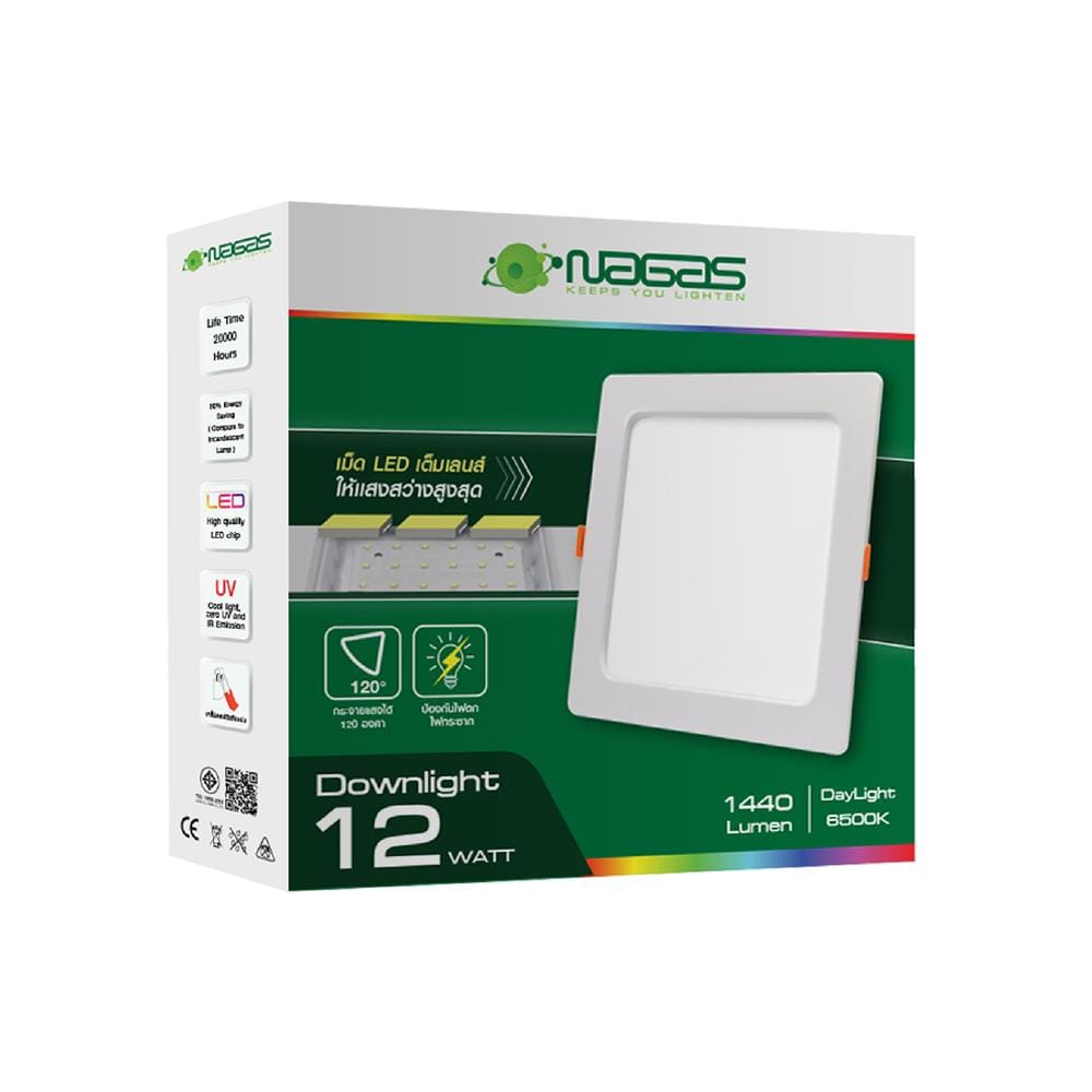 ดาวน์ไลท์ LED NAGAS DL-S 12 วัตต์ เดย์ไลท์ อะลูมิเนียม/พลาสติก สีขาว 4 นิ้ว เหลี่ยม