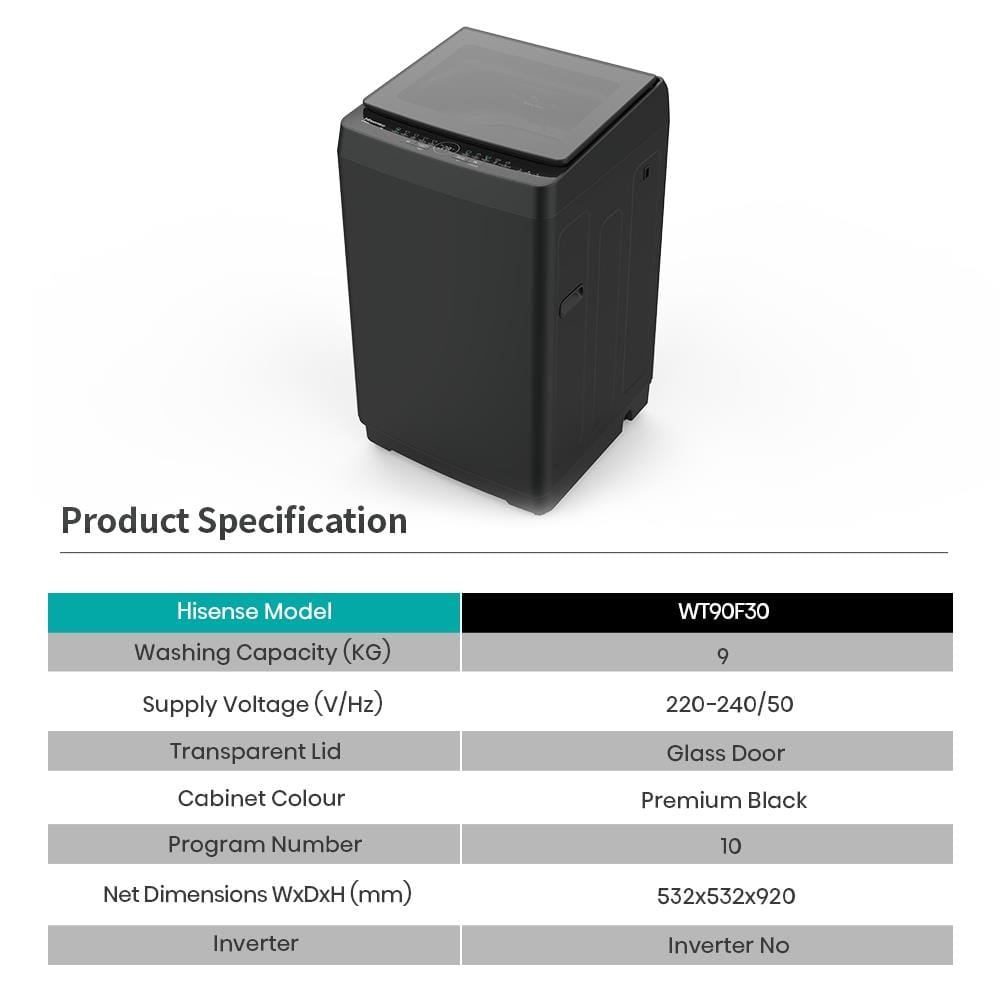 เครื่องซักผ้าฝาบน HISENSE WT90F30 9 กก. สีดำ
