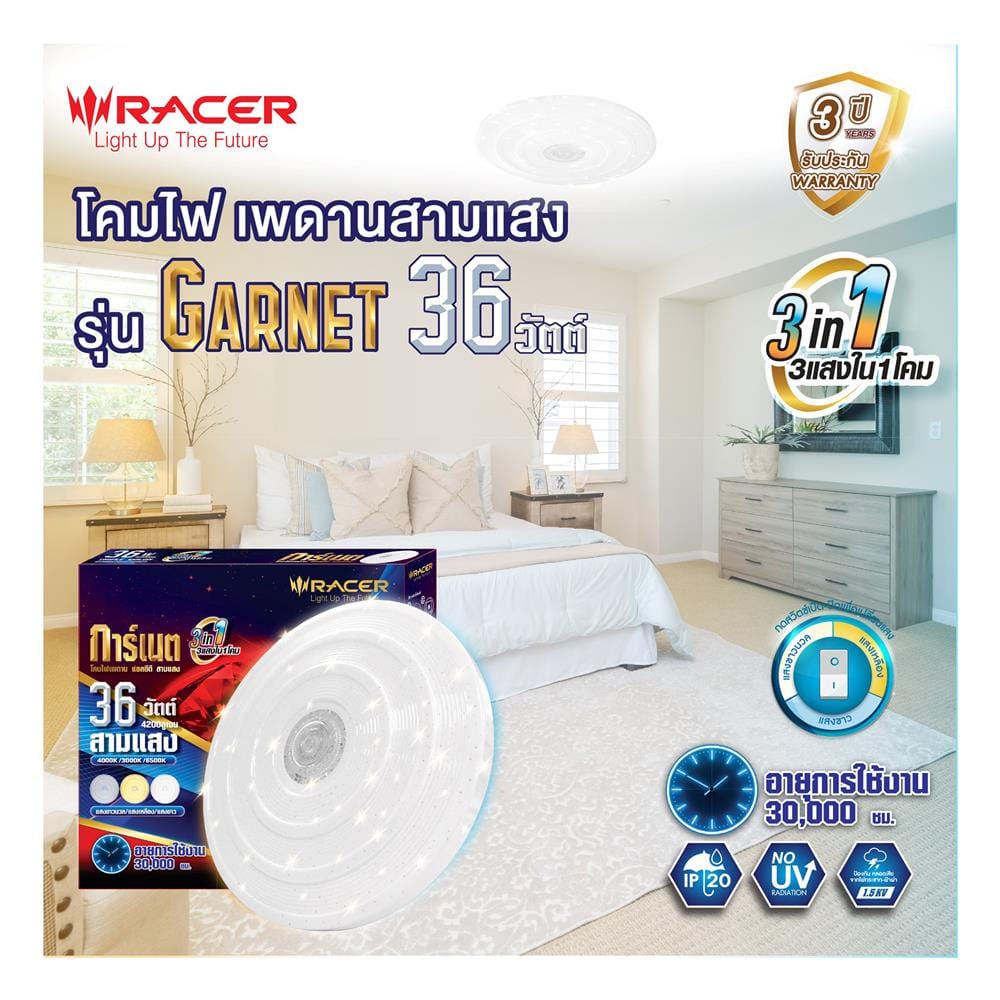 ไฟเพดาน LED RACER GARNET01 15 นิ้ว 36 วัตต์ DAYLIGHT/COOL WHITE/WARM WHITE