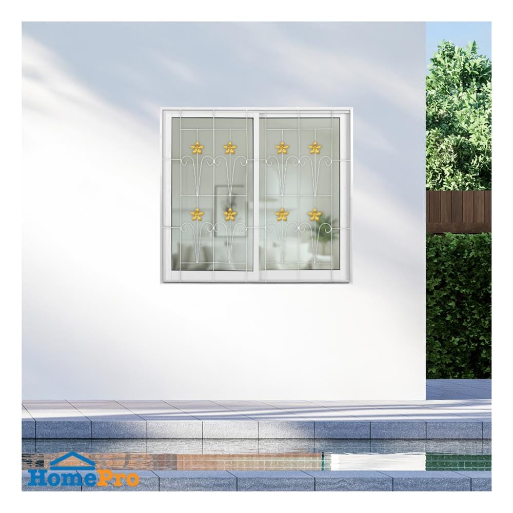 หน้าต่างบานเลื่อนอะลูมิเนียม พร้อมมุ้งลวดและเหล็กดัด S-S KPA ดอกไม้ทอง 120x110 ซม. สีขาว