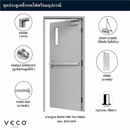 ชุดประตูเหล็กทนไฟ กระจก VECO 90x200 ซม. สีเทา (เปิดด้านขวา ออกด้านนอก)_3