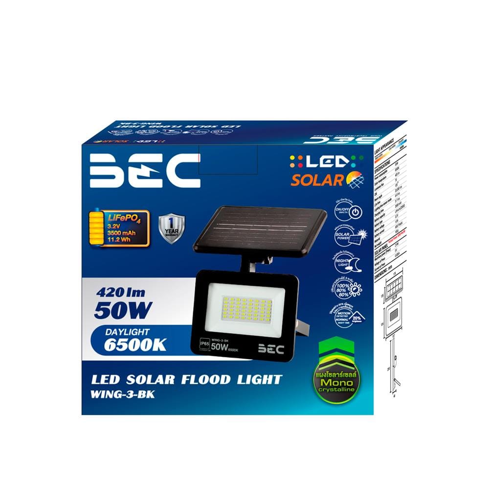 ไฟผนังภายนอก SOLAR BEC WING-3 50 วัตต์ DAYLIGHT สีดำ