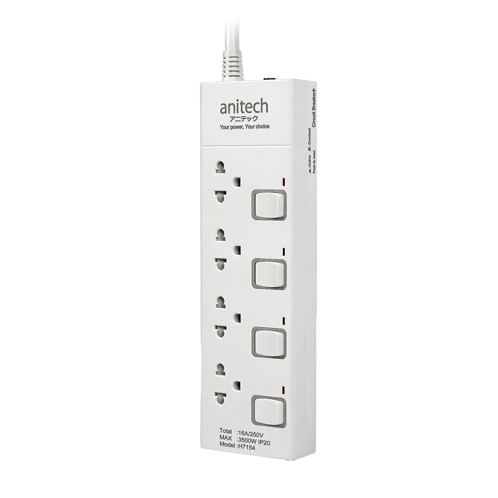 รางปลั๊กไฟ 4 ช่อง 4 สวิตช์ ANITECH H7154 16 แอมป์ 5 ม.