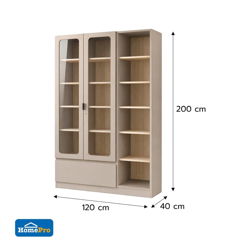 ตู้โชว์ 2 บานเปิด FURDINI KEEPER+ 120 ซม. สี LIGHT OAK/SOFT BEIGE/กระจกใส