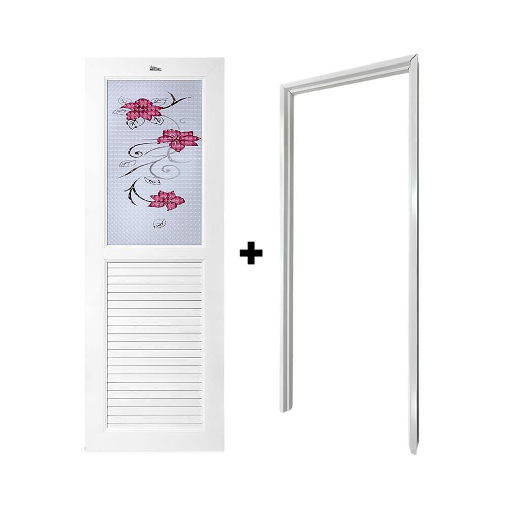 ชุดประตูห้องน้ำพร้อมวงกบ UPVC ไม่เจาะลูกบิด ASARA G922 ลายดอกไม้แดง 70x180 ซม. สีขาว