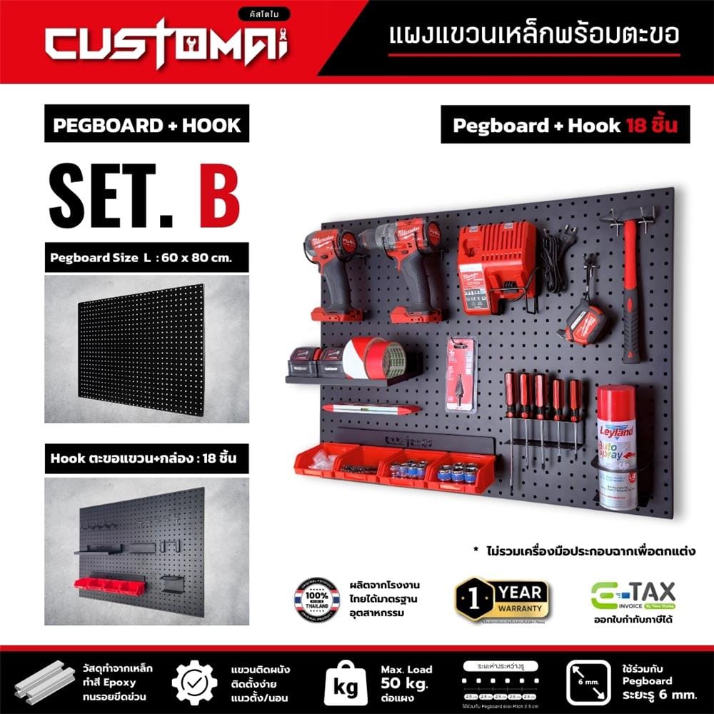 ชุดแผงเหล็กแขวนเครื่องมือ CUSTOMAI PEGBORD SET B สีขาว (ชุด 18 ชิ้น)