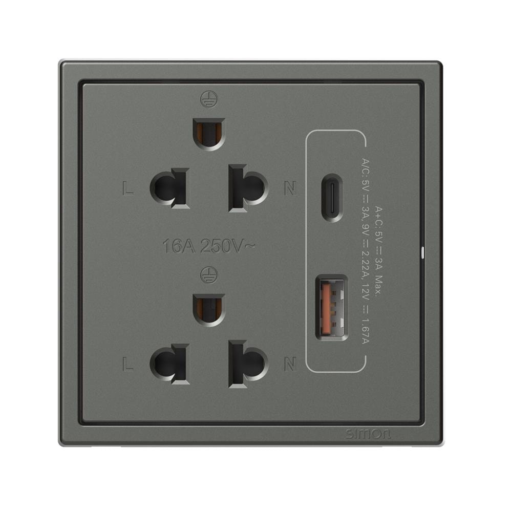 ชุดเต้ารับคู่ 3 ขา พร้อม USB-A และ TYPE-C SIMON SIMi7-102LUSBC-GR สีเทาหม่น
