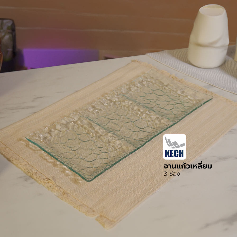 จานแก้วเหลี่ยม 3 ช่อง KECH 18X39 ซม.