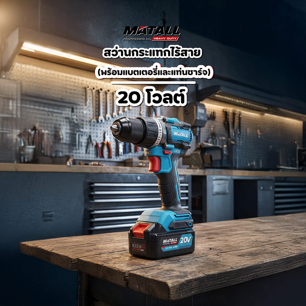 สว่านกระแทกไร้สาย (พร้อมแบตเตอรี่และแท่นชาร์จ) MATALL PRO M20V90-DS 20 โวลต์