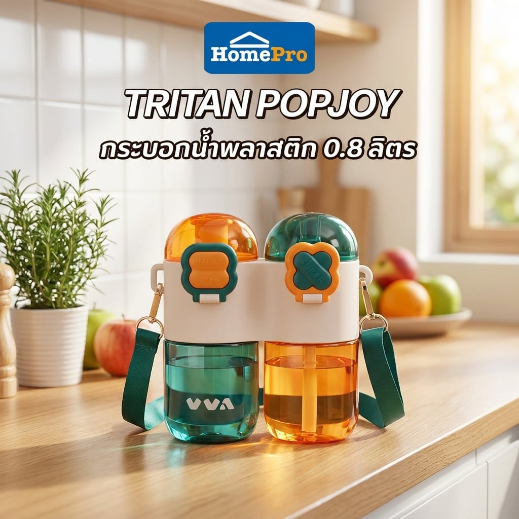 กระบอกน้ำพลาสติก HOMEPRO TRITAN POPJOY 0.8 ลิตร สีเขียว